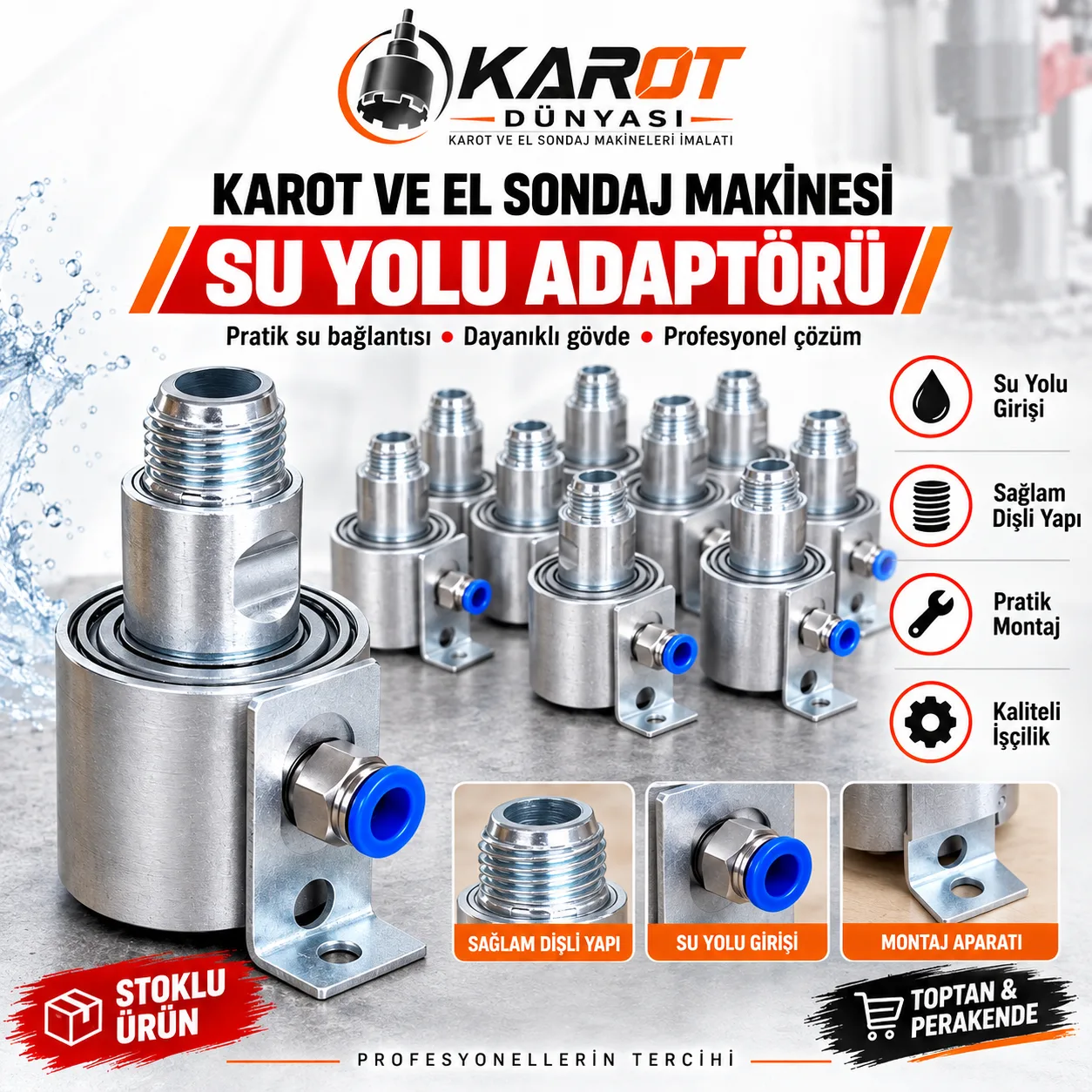 Karot ve El Sondaj Makine Su Yolu Adaptörü | Rulmanlı Su Girişi