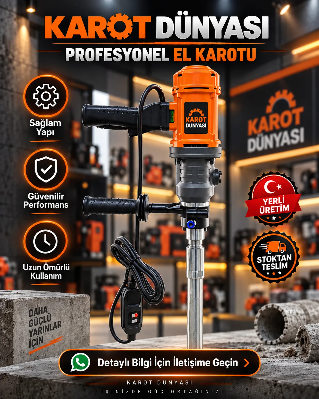 Elektrikli Karot & El Sondaj Makinesi 1900W 5Mt. Set