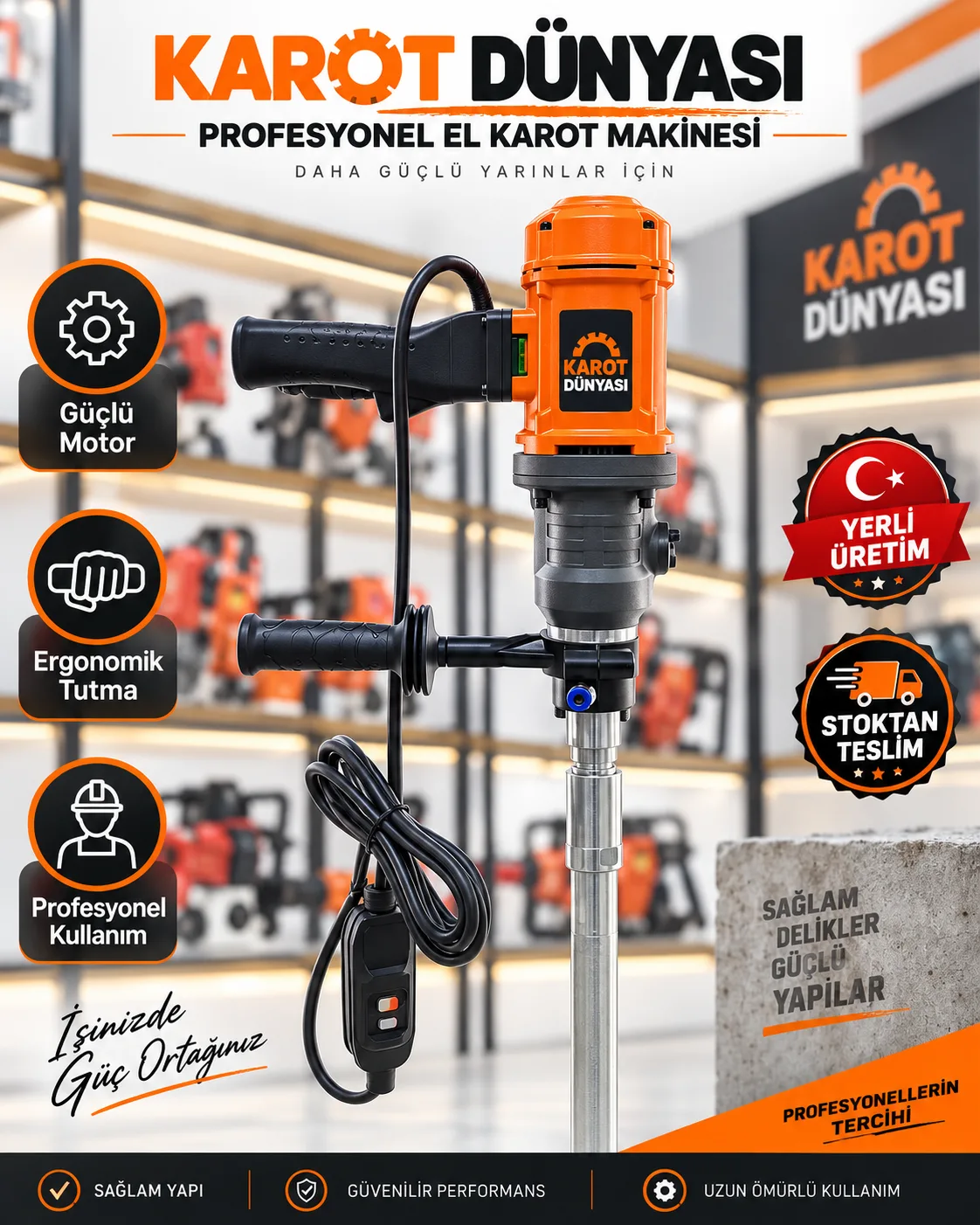 Elektrikli Karot & El Sondaj Makinesi 1900W 5Mt. Set