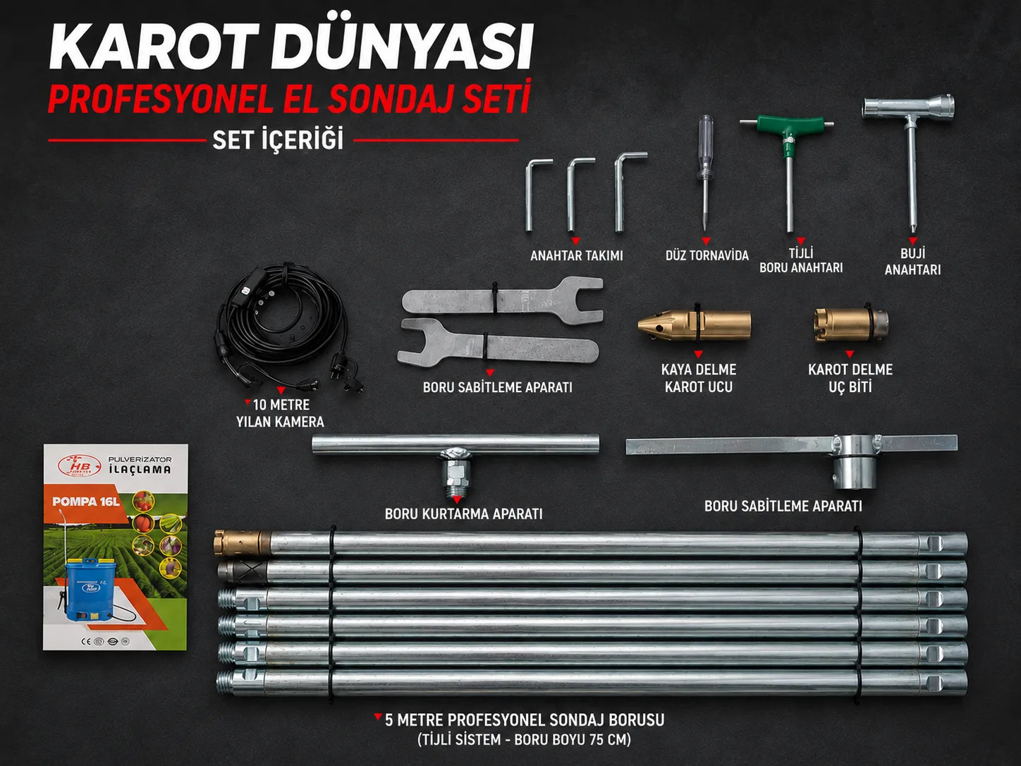 Elektrikli Karot & El Sondaj Makinesi 1900W 5Mt. Set