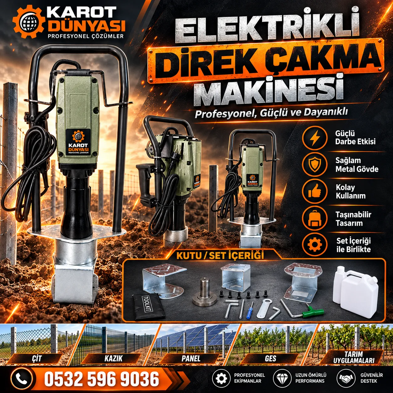 Elektrikli Kazık Çakma Makinesi Çit Çakma GES Karayolları Uyumlu