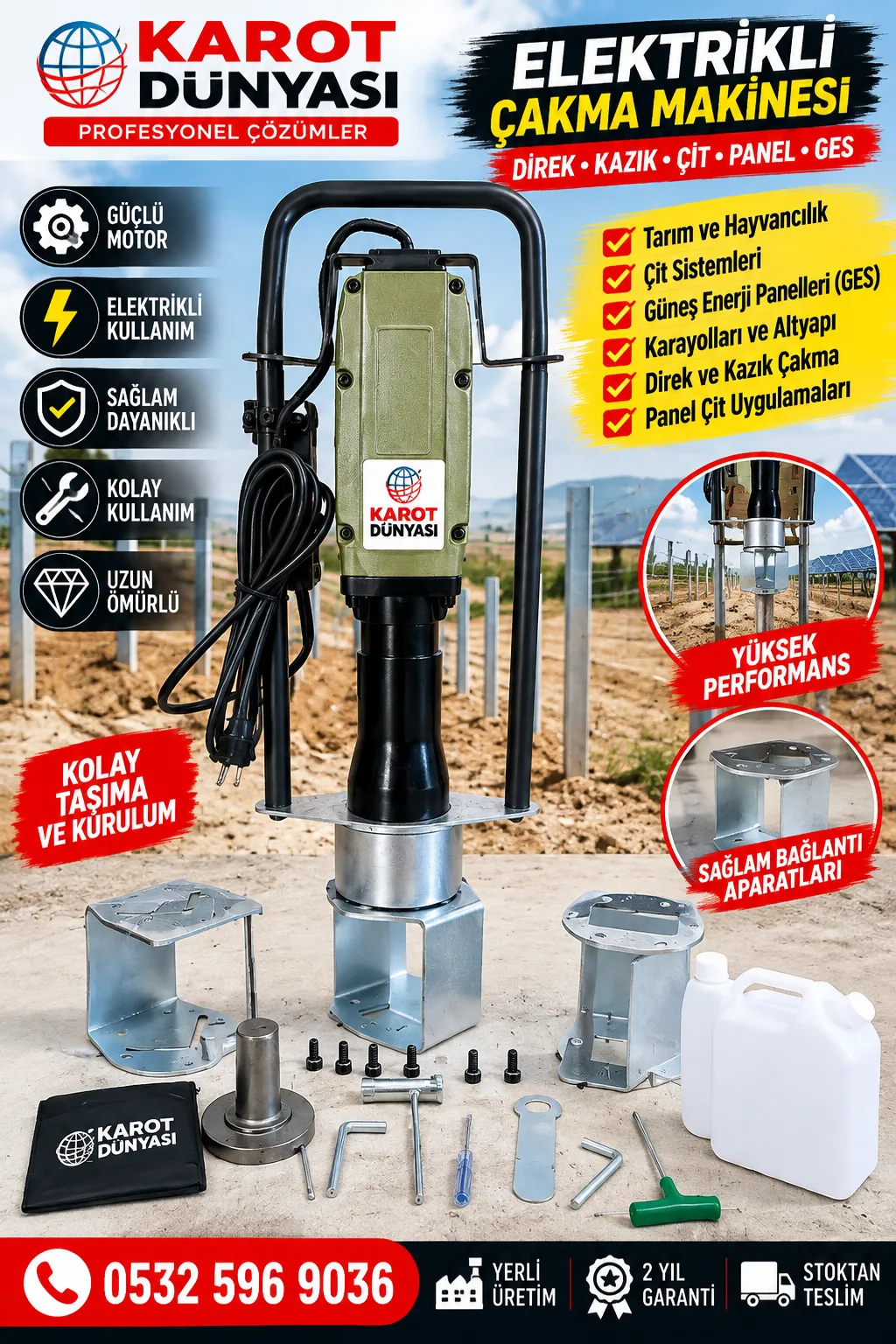 Elektrikli Kazık Çakma Makinesi Çit Çakma GES Karayolları Uyumlu