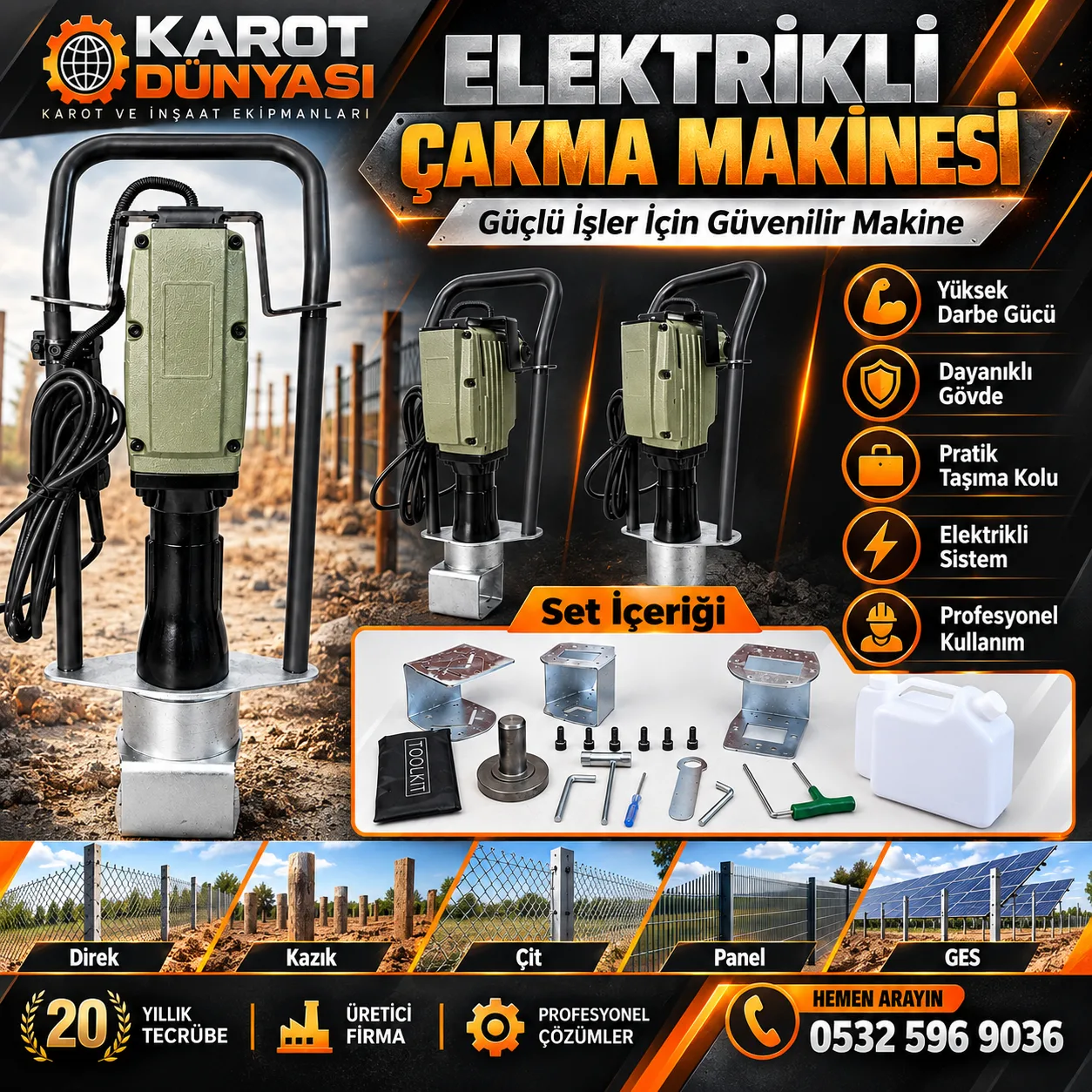 Elektrikli Kazık Çakma Makinesi Çit Çakma GES Karayolları Uyumlu