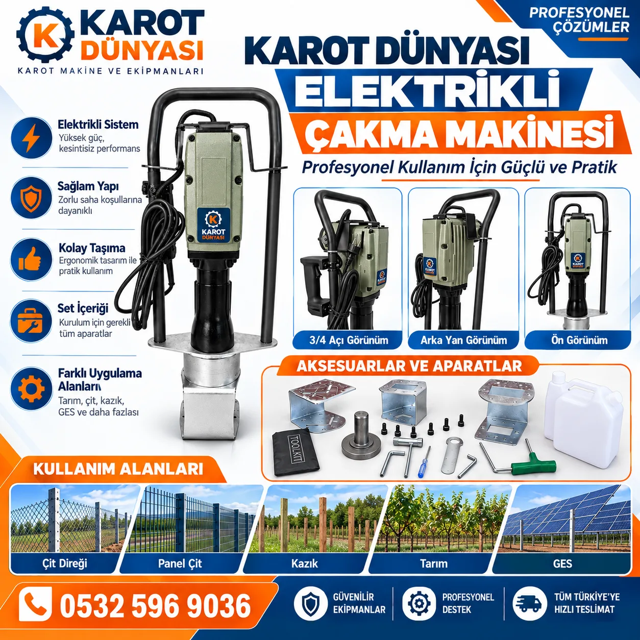 Elektrikli Kazık Çakma Makinesi Çit Çakma GES Karayolları Uyumlu