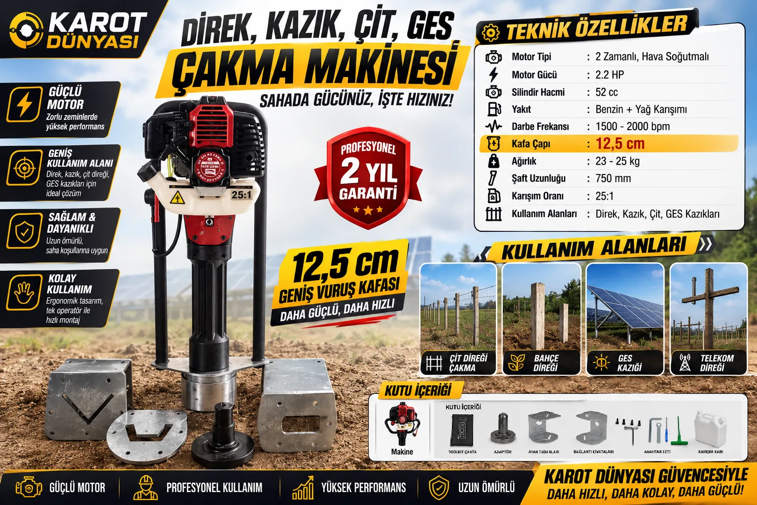 Kazık Çakma Ges, Karayolları, Çit, Güneş Panelleri 12,5 cm Kafa - Karot Dünyası