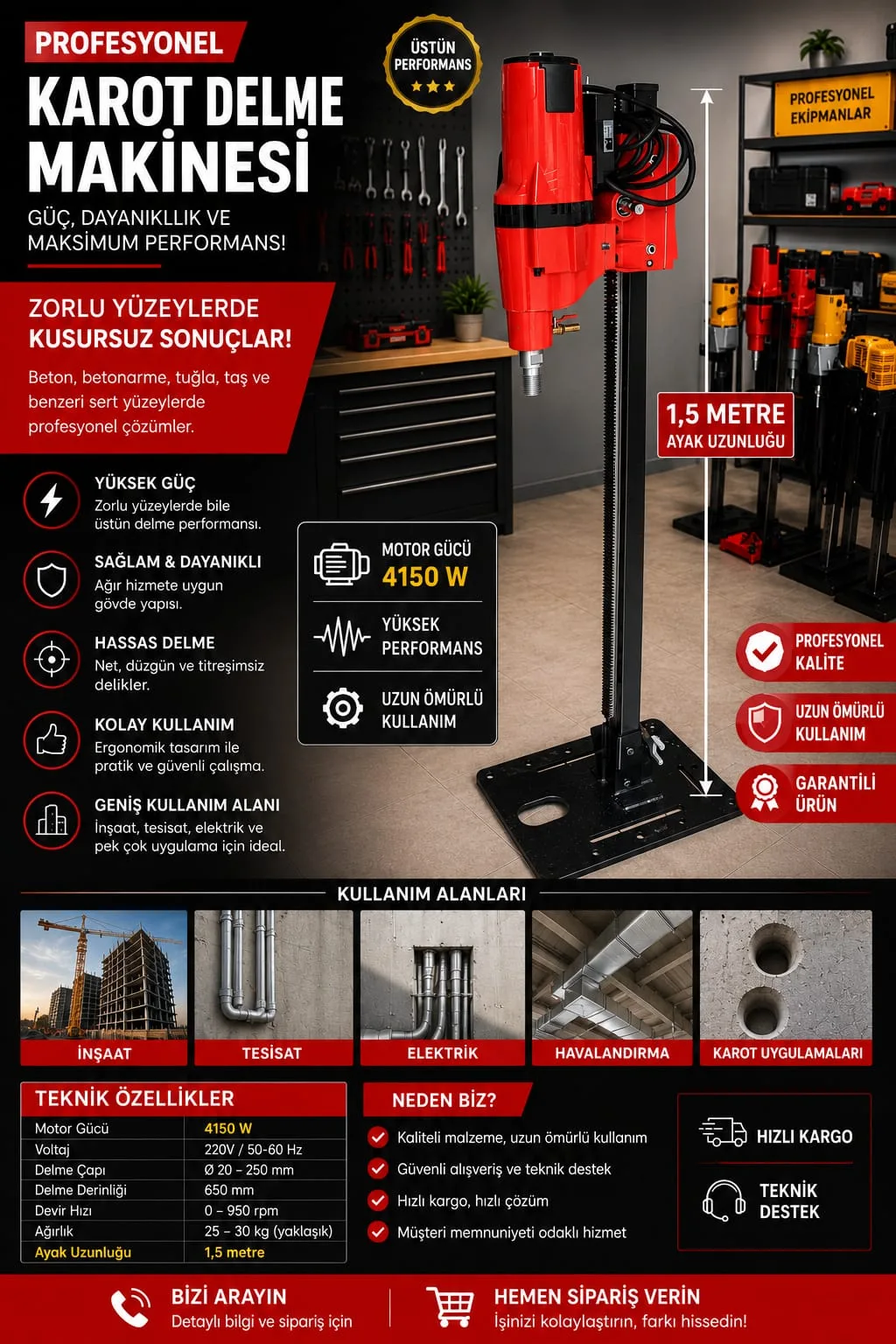 Karot Dünyası 4400 W Prof. Elektrikli Sehpalı Karot Makinesi 5 Mt. Set