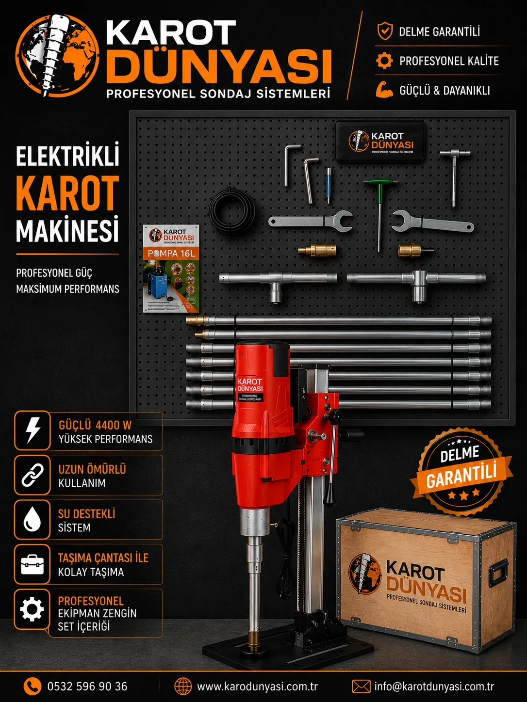 Karot Dünyası 4400 W Prof. Elektrikli Sehpalı Karot Makinesi 5 Mt. Set - Karot Dünyası