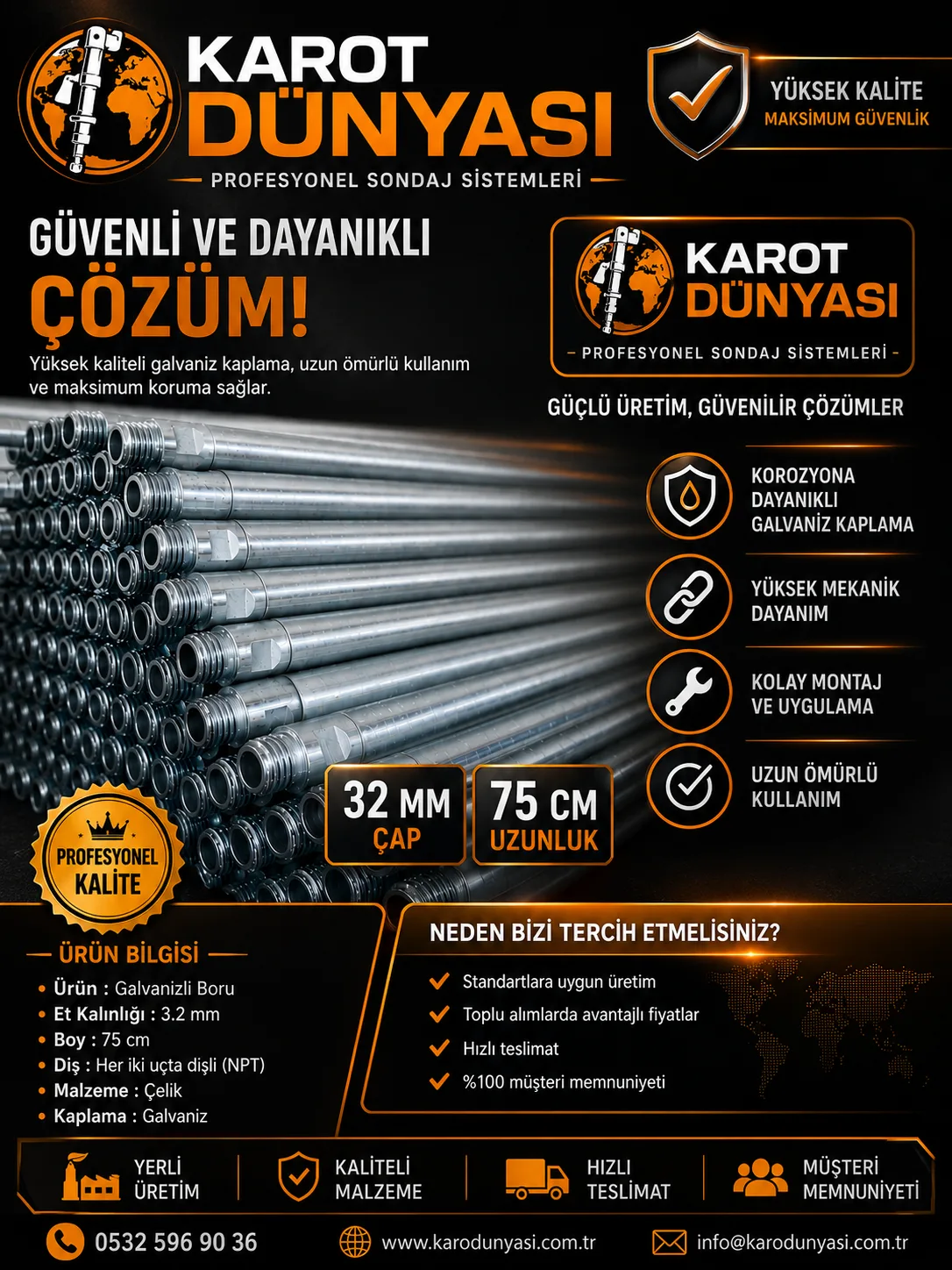 Karot Uzatma Borusu 32 Mm Tijli Garantili Boru Hızlı Sök Tak - Karot Dünyası