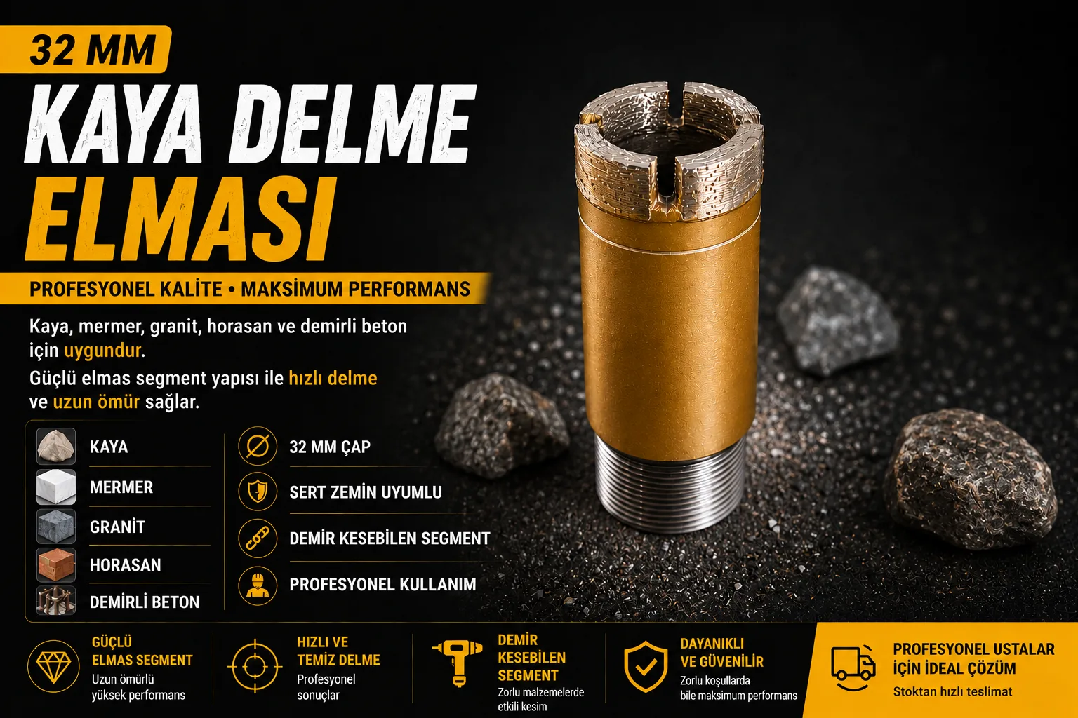 32 Mm Elmas Karot Ucu Beton Kaya Granit Mermer Horasan