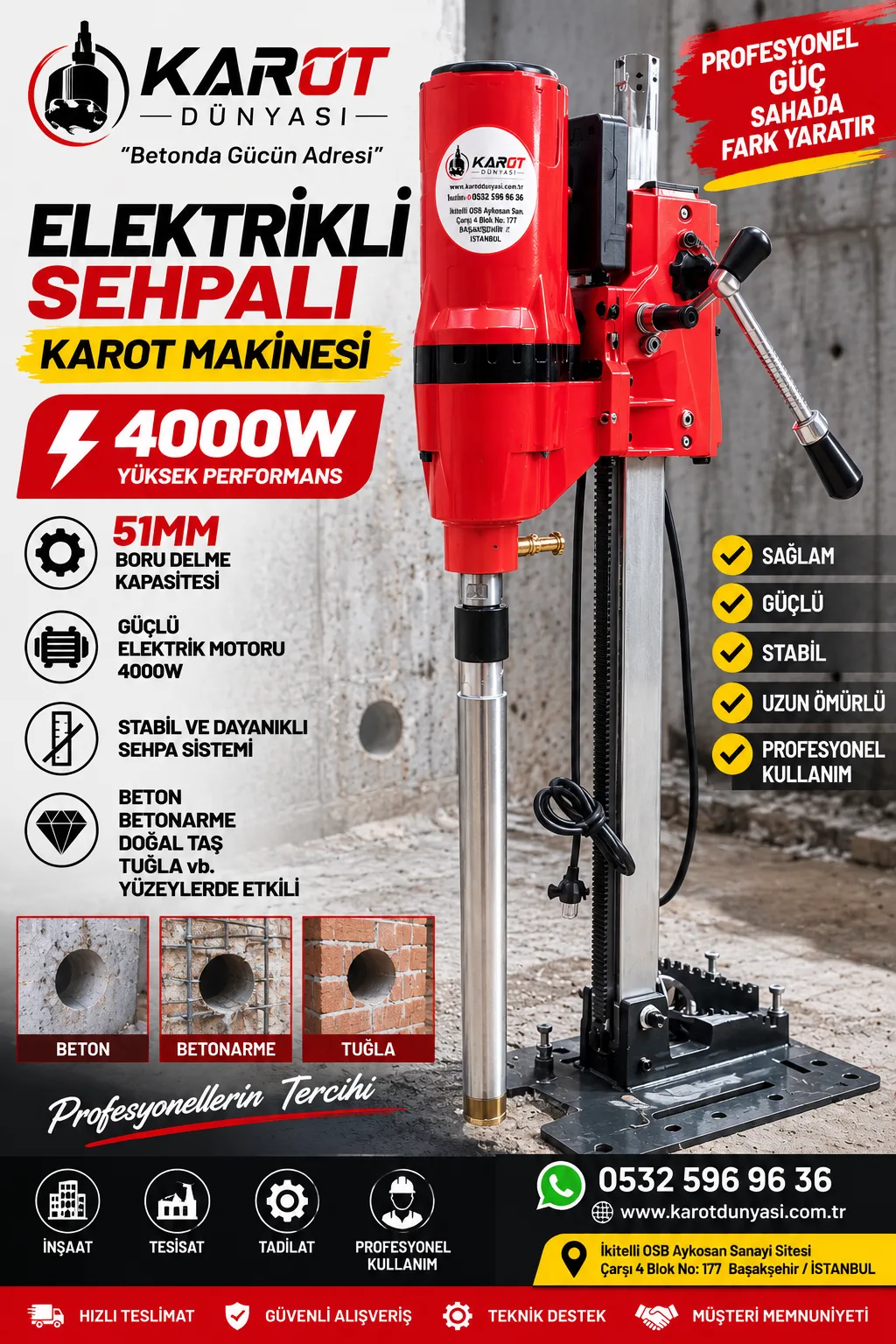 4000W Elektrikli Sehpalı Sondaj Makinesi – 51 mm Boru Delme Kapasiteli | Karot Dünyası 5 Metre Set