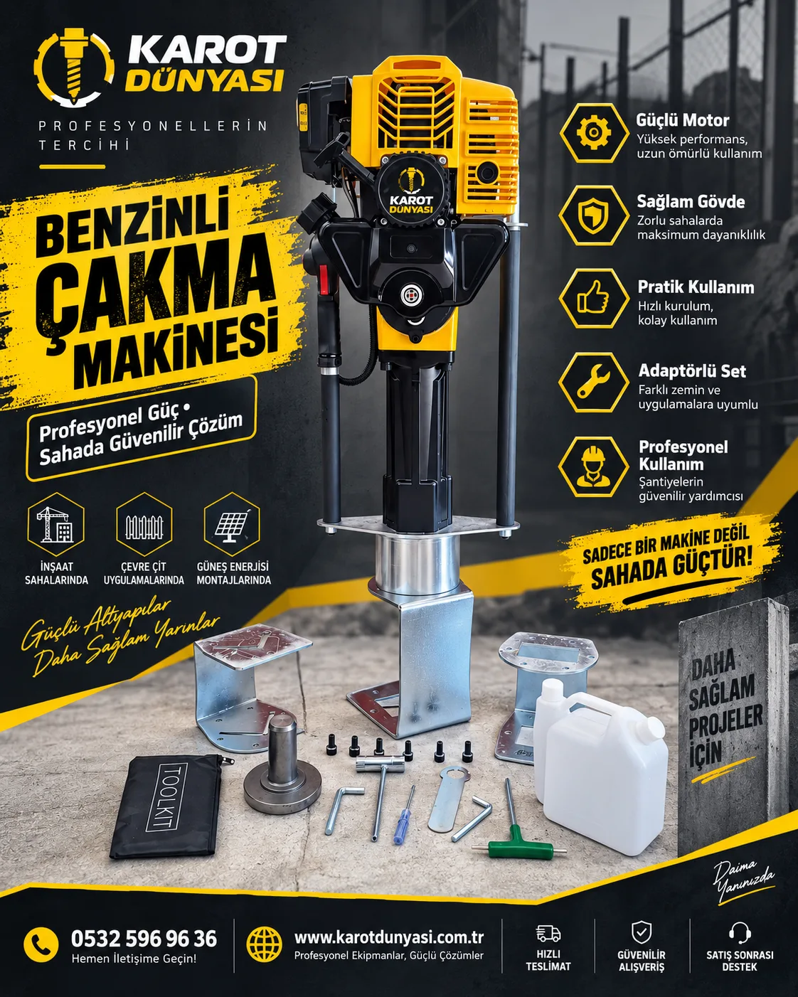 52 CC Benzinli Kazık Çakma Makinesi – GES, Çit ve Direk + 2 Aparat