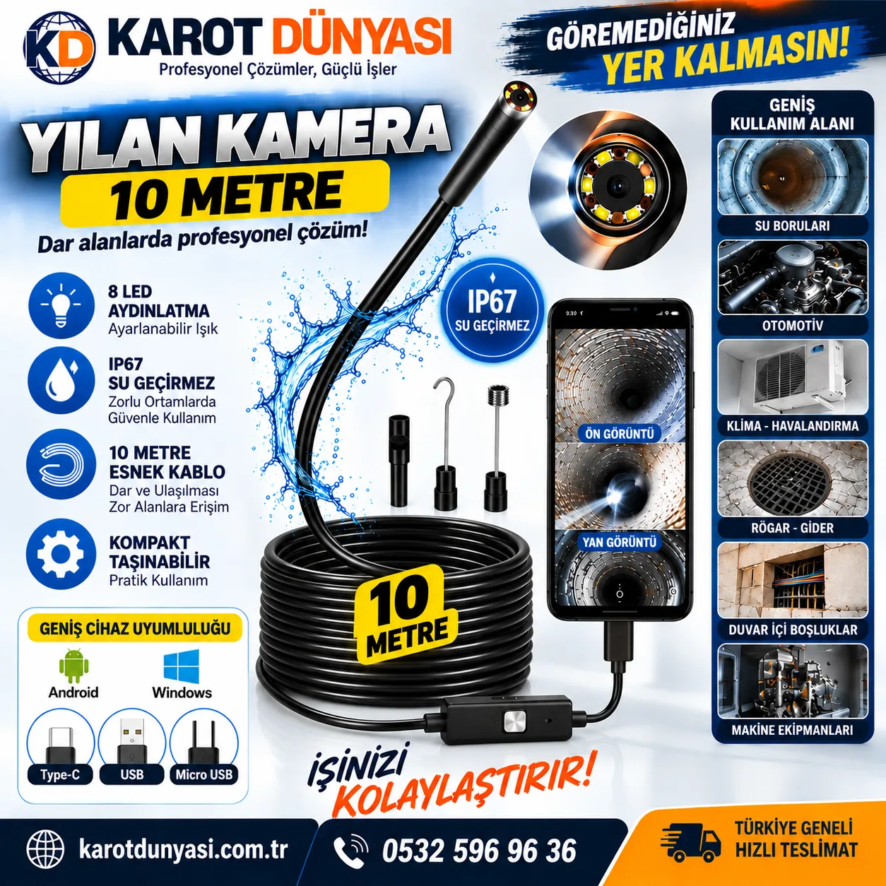 10 Metre Yılan Kamera – IP67 Endoskop Kamera Type-C USB Micro USB