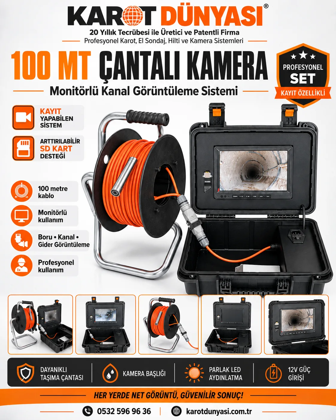 100 MT Çantalı Monitörlü Yılan Kamera Kayıt Yapabilen Kanal Boru Gider Görüntüleme Sistemi